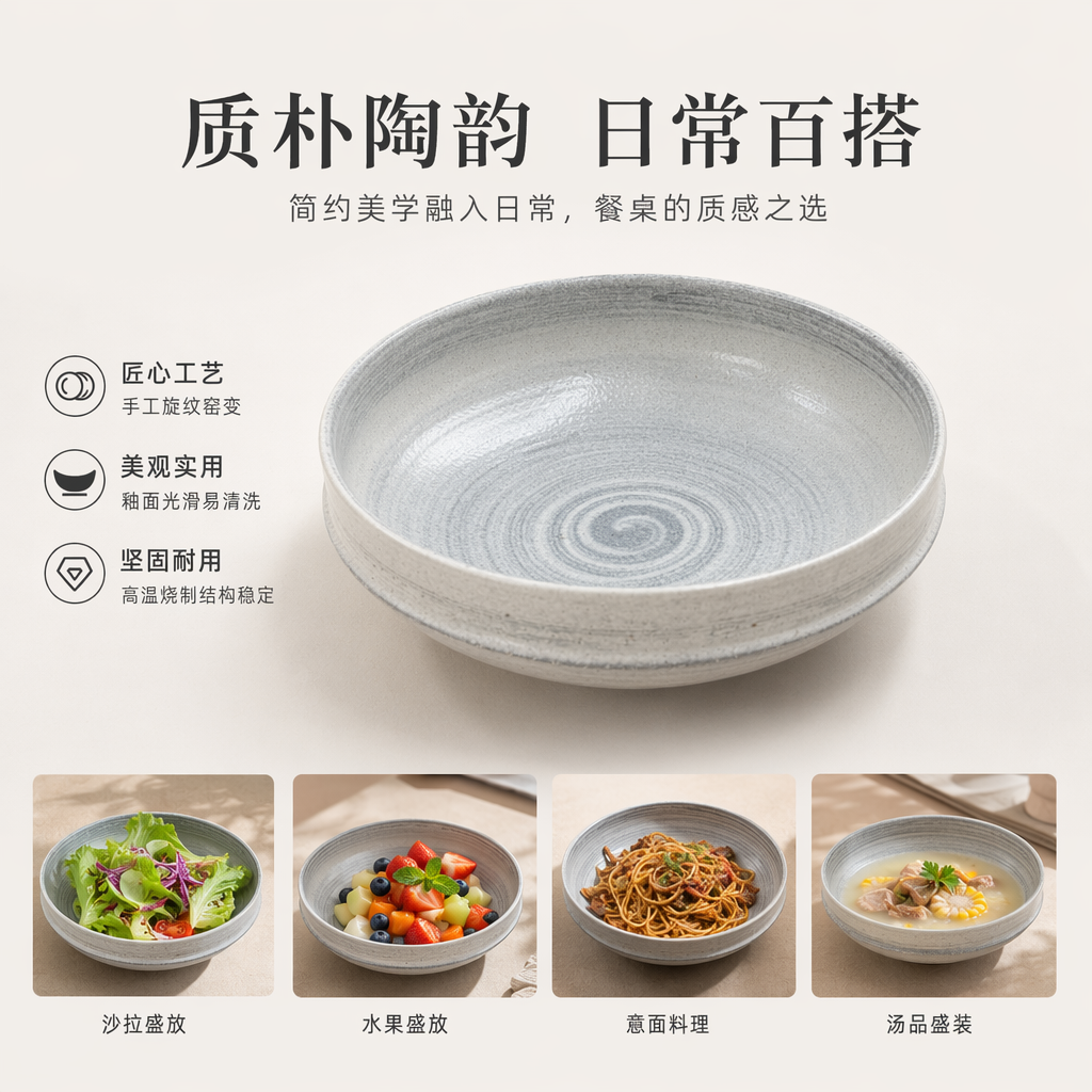灰白釉螺旋纹陶瓷碗家用简约餐碗盛饭碗