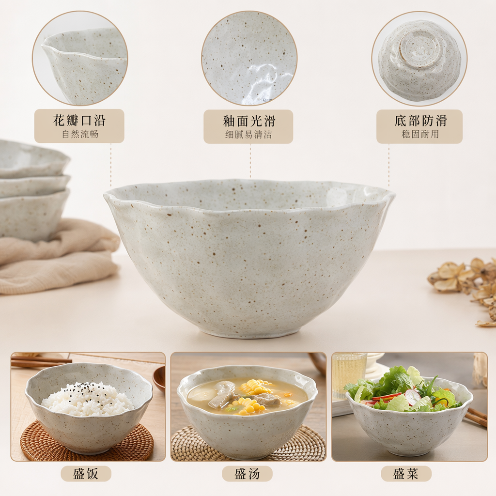 白色斑点陶瓷碗 家用简约餐碗 盛饭盛汤碗 釉下彩工艺