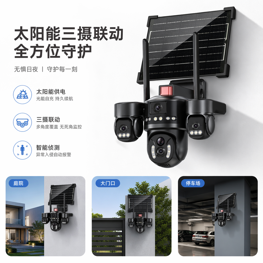 The black solar-powered surveillance camera is resistant to cold and sun outdoors, with wireless 1080P high-definition night vision
