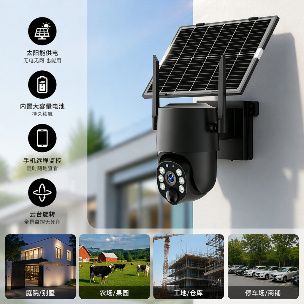 Black solar-powered surveillance camera, outdoor waterproof, wireless, high-definition night vision 1080P