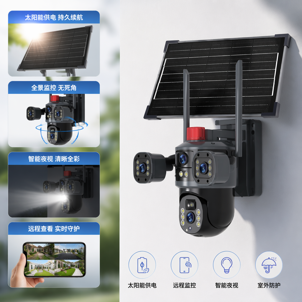Black solar-powered surveillance camera, outdoor waterproof, wireless, high-definition night vision with storage