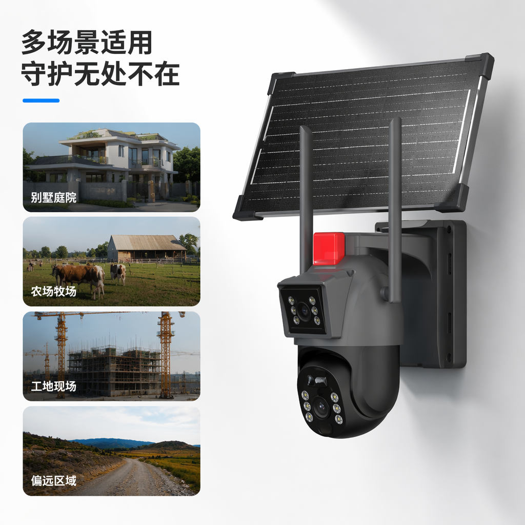 The black solar-powered surveillance camera is waterproof outdoors, wireless, high-definition, night vision and has a long battery life