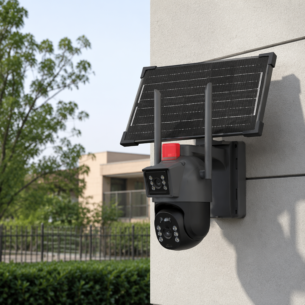 The black solar-powered surveillance camera is waterproof outdoors, wireless, high-definition, night vision and has a long battery life details Picture