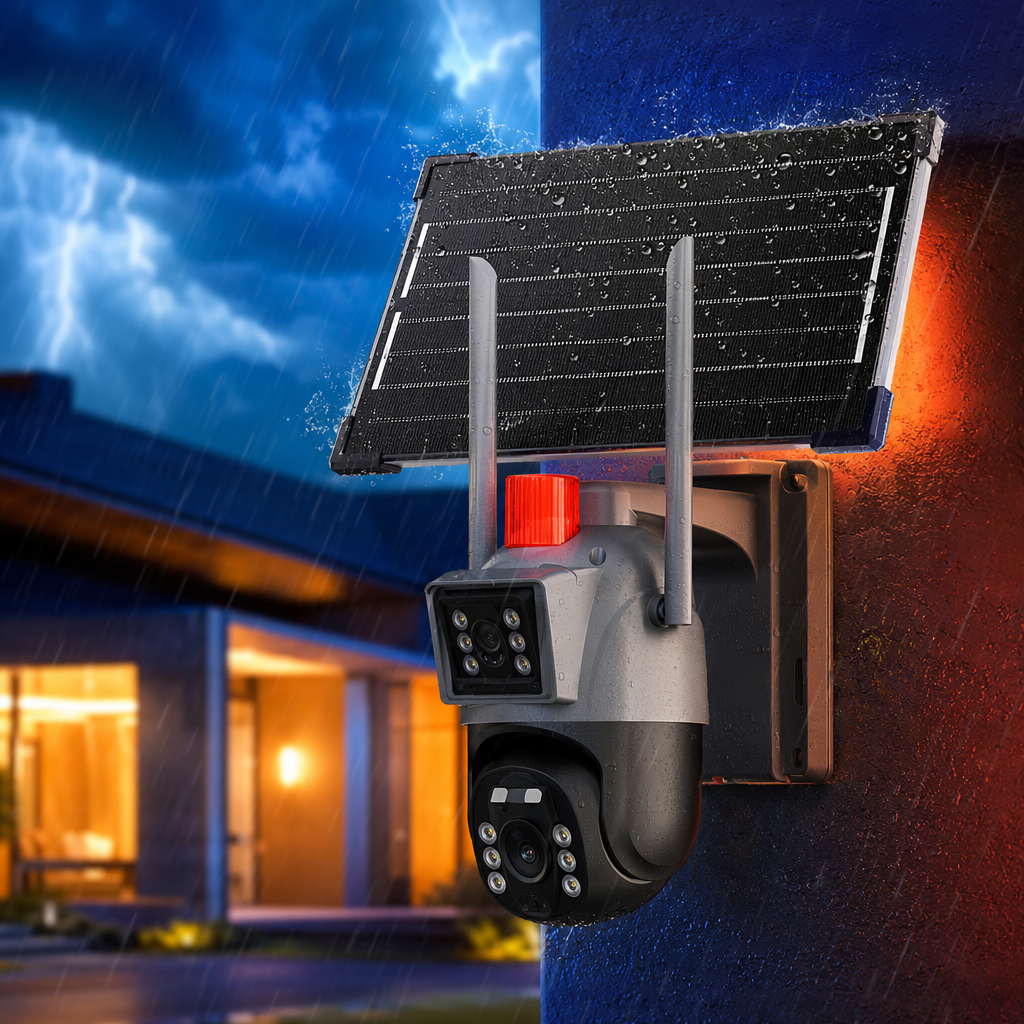 The black solar-powered surveillance camera is waterproof outdoors, wireless, high-definition, night vision and has a long battery life Specification image