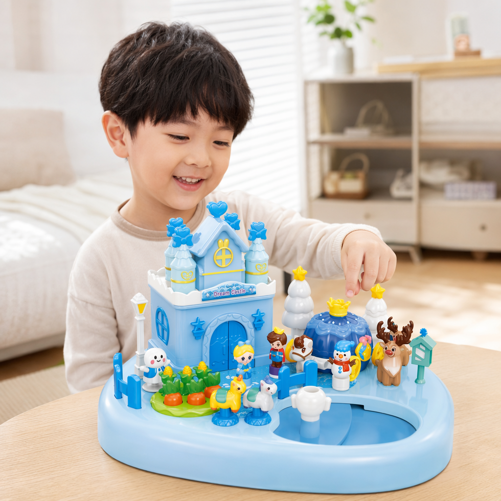 The Blue ice and snow-themed magnetic surprise House toy set includes castle, snowman, reindeer, carriage, character figurines and interactive mechanisms details Picture