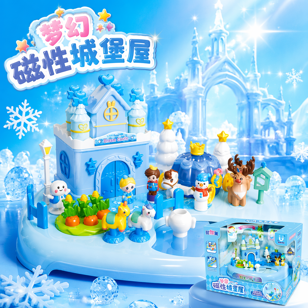 The Blue ice and snow-themed magnetic surprise House toy set includes castle, snowman, reindeer, carriage, character figurines and interactive mechanisms Specification image