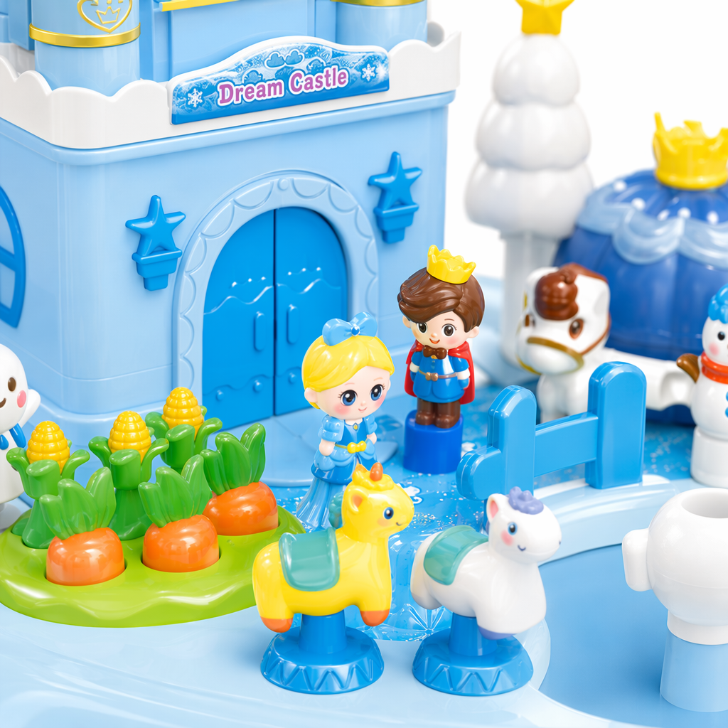 The Blue ice and snow-themed magnetic surprise House toy set includes castle, snowman, reindeer, carriage, character figurines and interactive mechanisms Application Scenario