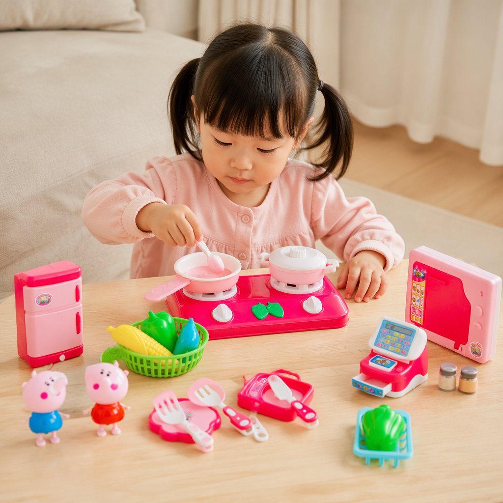 Pink children's toy kitchen set, including stove, refrigerator, microwave oven, kitchenware, food models, Peppa Pig dolls details Picture