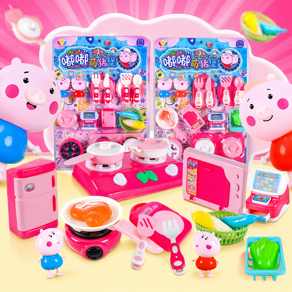 Pink children's toy kitchen set, including stove, refrigerator, microwave oven, kitchenware, food models, Peppa Pig dolls Specification image