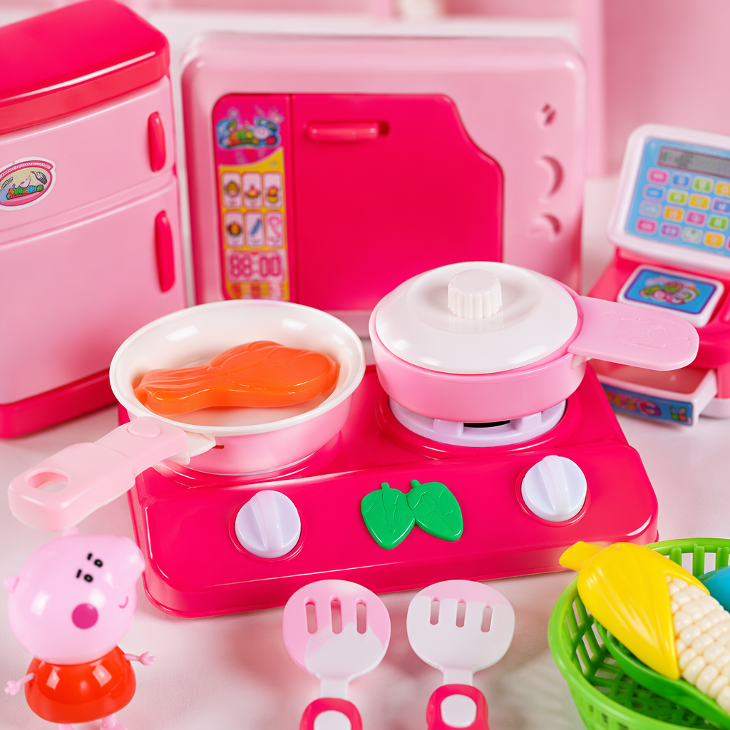 Pink children's toy kitchen set, including stove, refrigerator, microwave oven, kitchenware, food models, Peppa Pig dolls Application Scenario