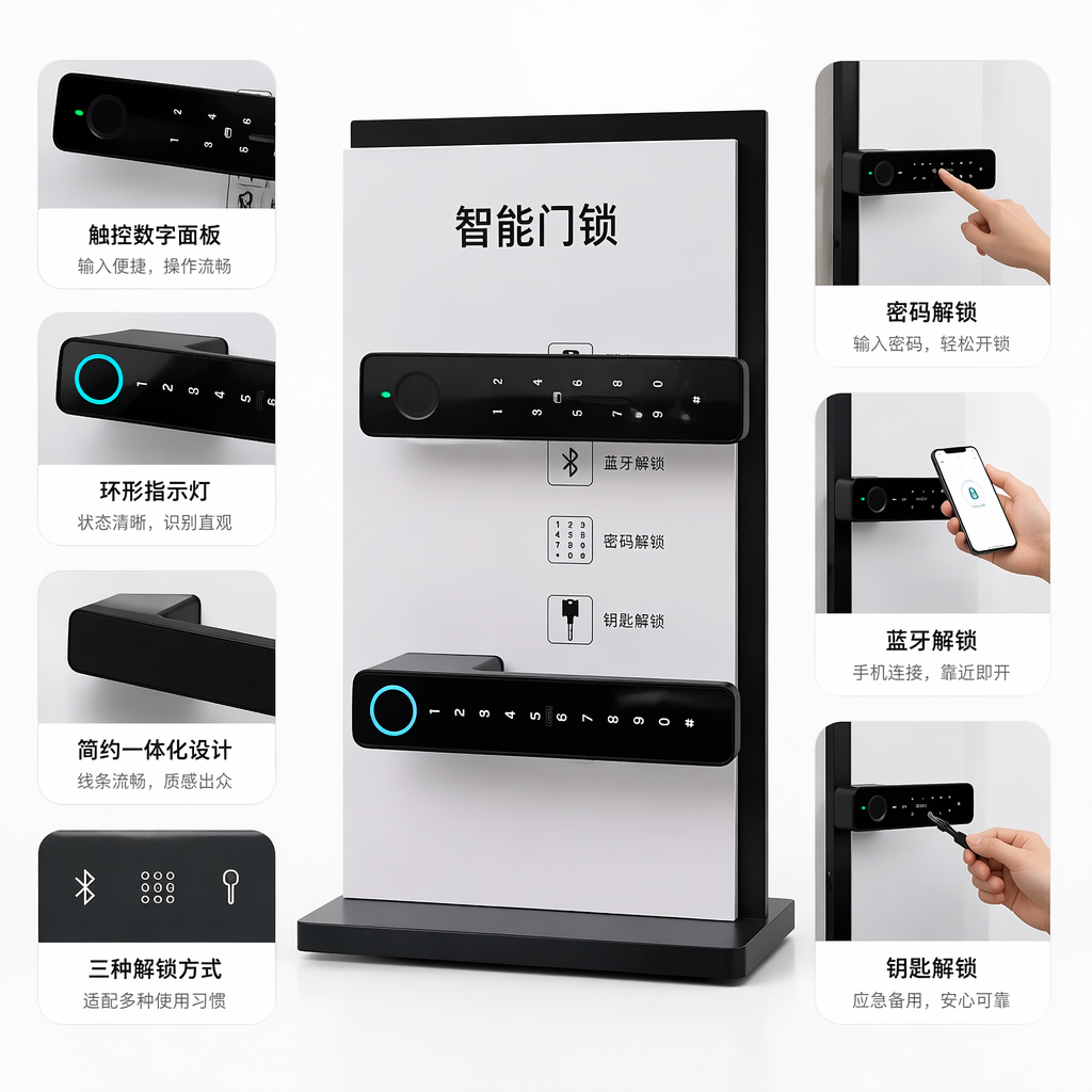 黑色智能门锁展示牌 含数字键盘与指示灯