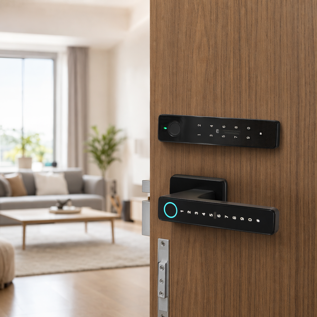 The black smart door lock display board includes a numeric keypad and indicator lights details Picture