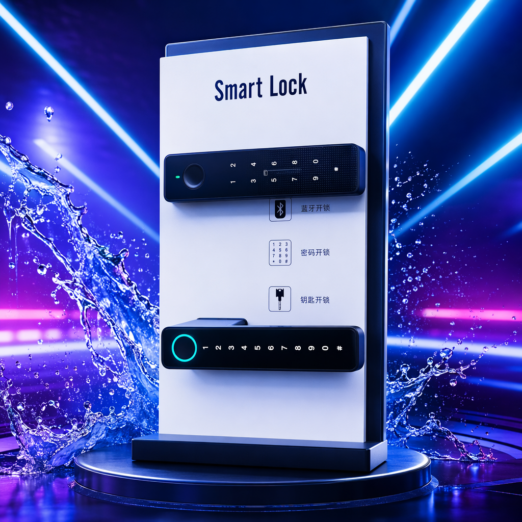 The black smart door lock display board includes a numeric keypad and indicator lights Specification image