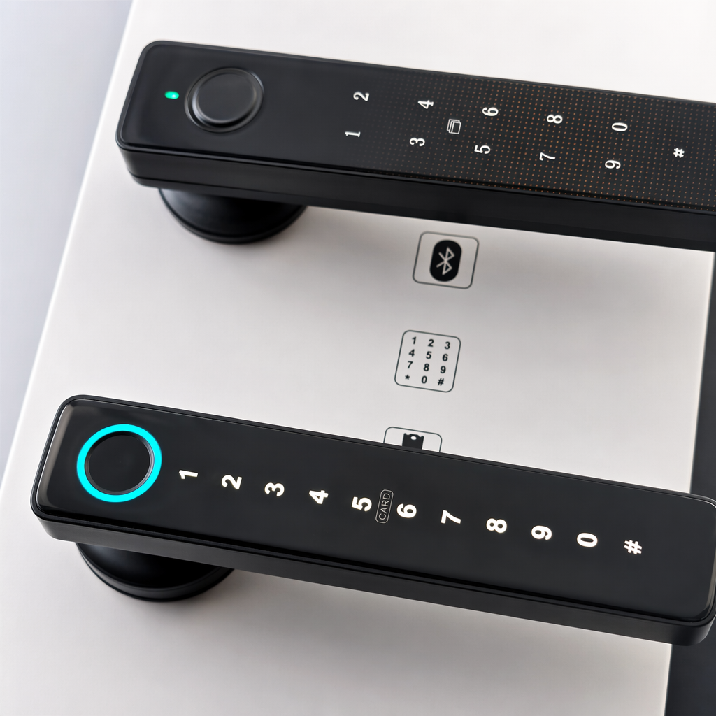 The black smart door lock display board includes a numeric keypad and indicator lights Application Scenario