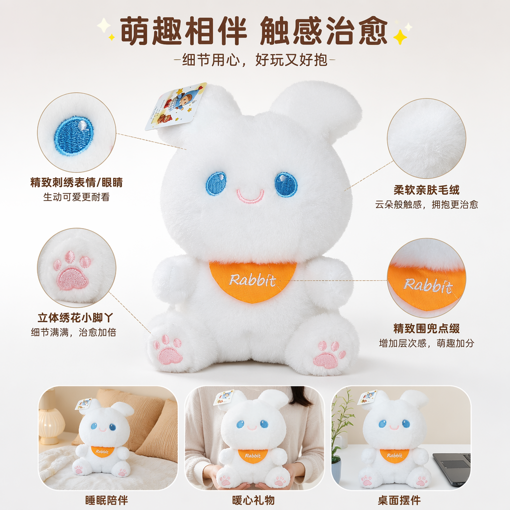白色毛绒兔子玩偶可爱抱枕毛绒玩具萌宠家居装饰图