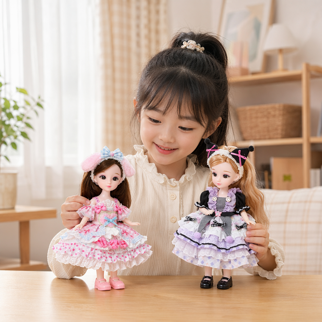 Pink Lolita doll double set, blonde and brown hair, multi-layered ruffled skirt, dreamy pink and white background details Picture