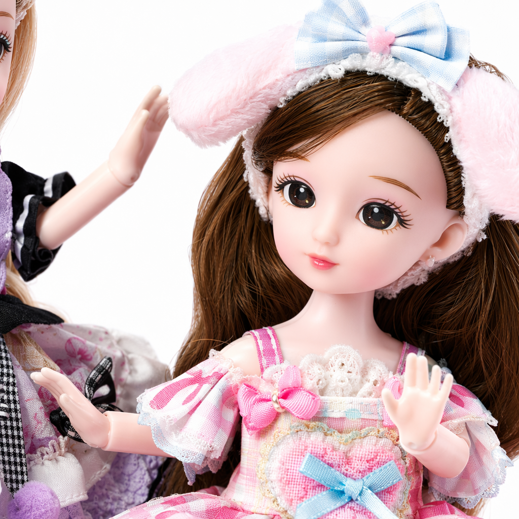 Pink Lolita doll double set, blonde and brown hair, multi-layered ruffled skirt, dreamy pink and white background Application Scenario