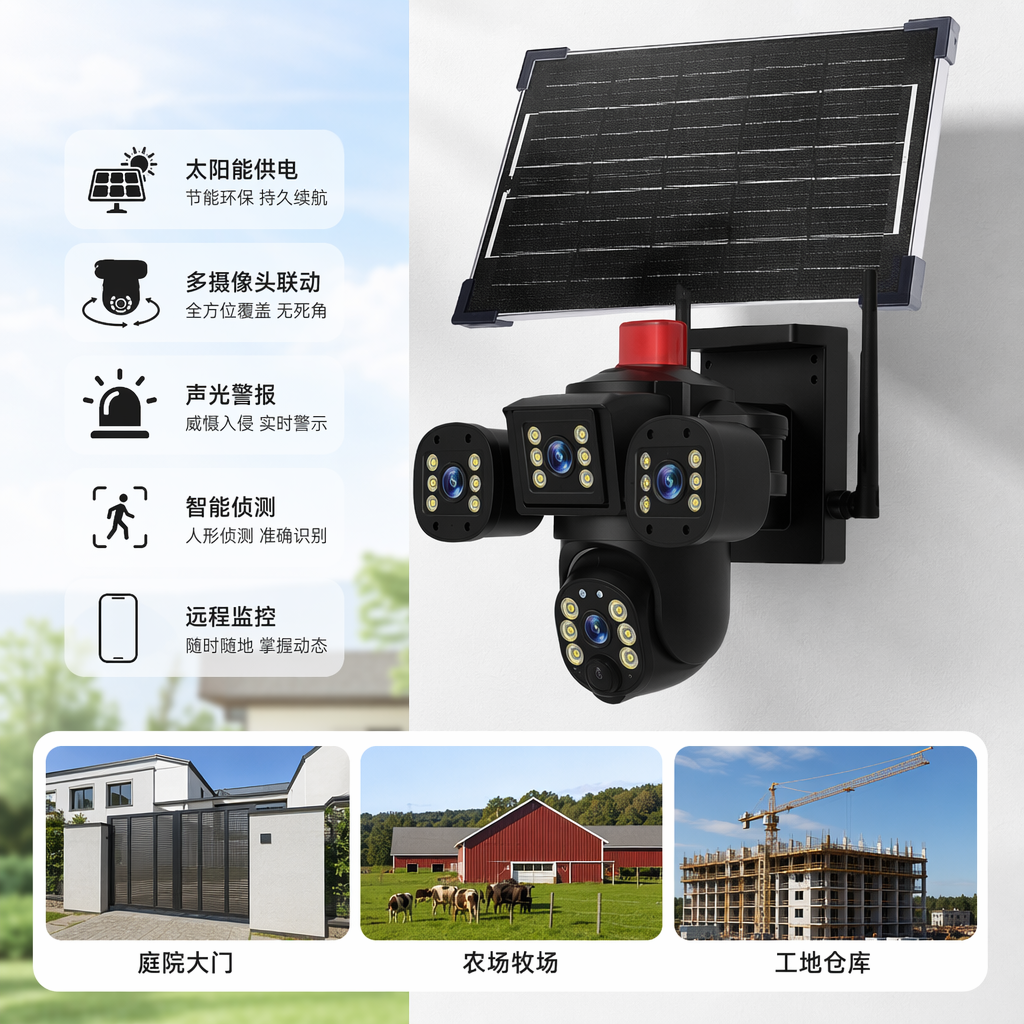 黑色太阳能监控摄像头 户外抗风耐寒IP66防水长续航
