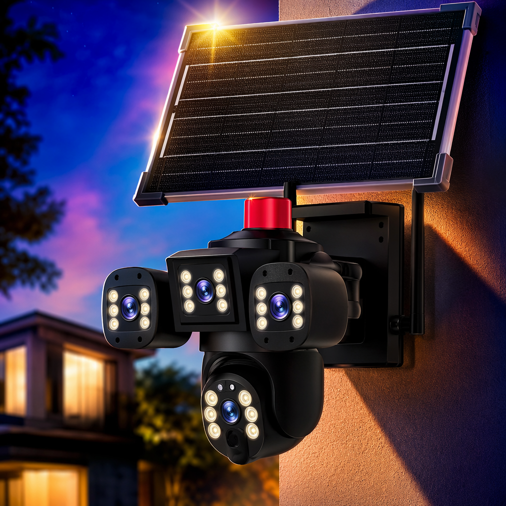 The black solar-powered surveillance camera is wind-resistant and cold-resistant outdoors, with IP66 water resistance and long battery life Specification image