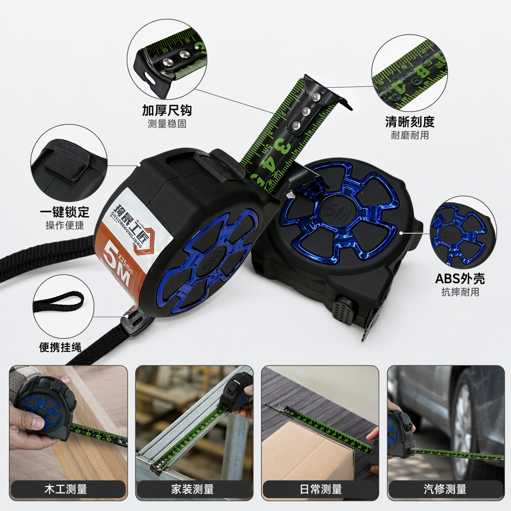 黑色卷尺带蓝色装饰环绿色刻度带实用测量工具