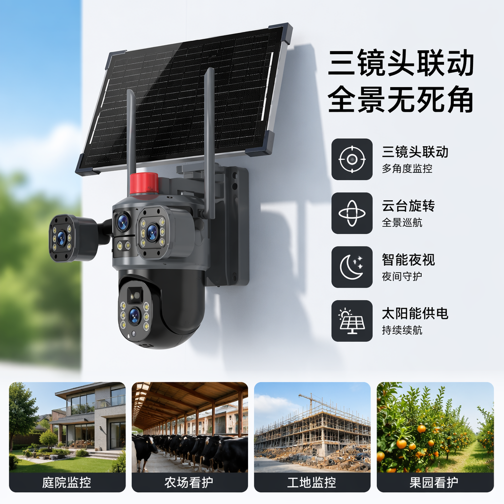 The black solar-powered surveillance camera features an outdoor wide-angle 1080P wireless charging with strong battery life
