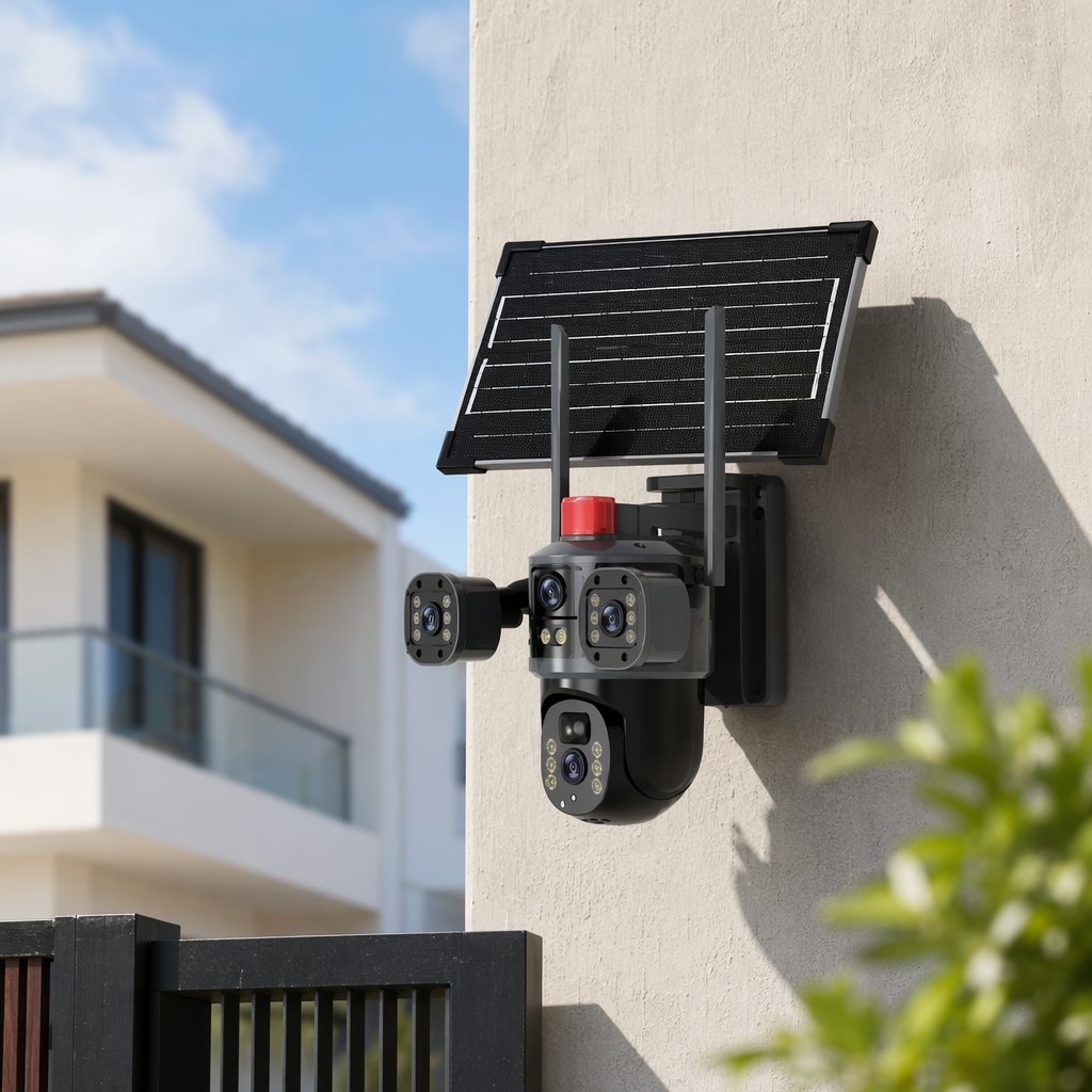 The black solar-powered surveillance camera features an outdoor wide-angle 1080P wireless charging with strong battery life details Picture