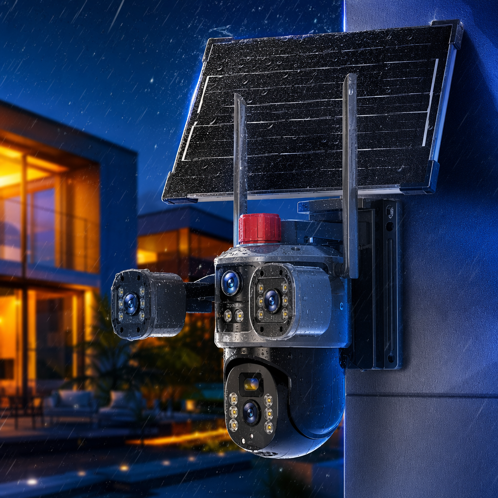 The black solar-powered surveillance camera features an outdoor wide-angle 1080P wireless charging with strong battery life Specification image