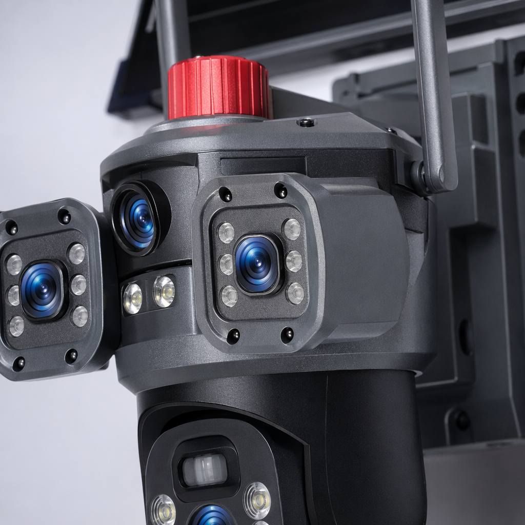 The black solar-powered surveillance camera features an outdoor wide-angle 1080P wireless charging with strong battery life Application Scenario