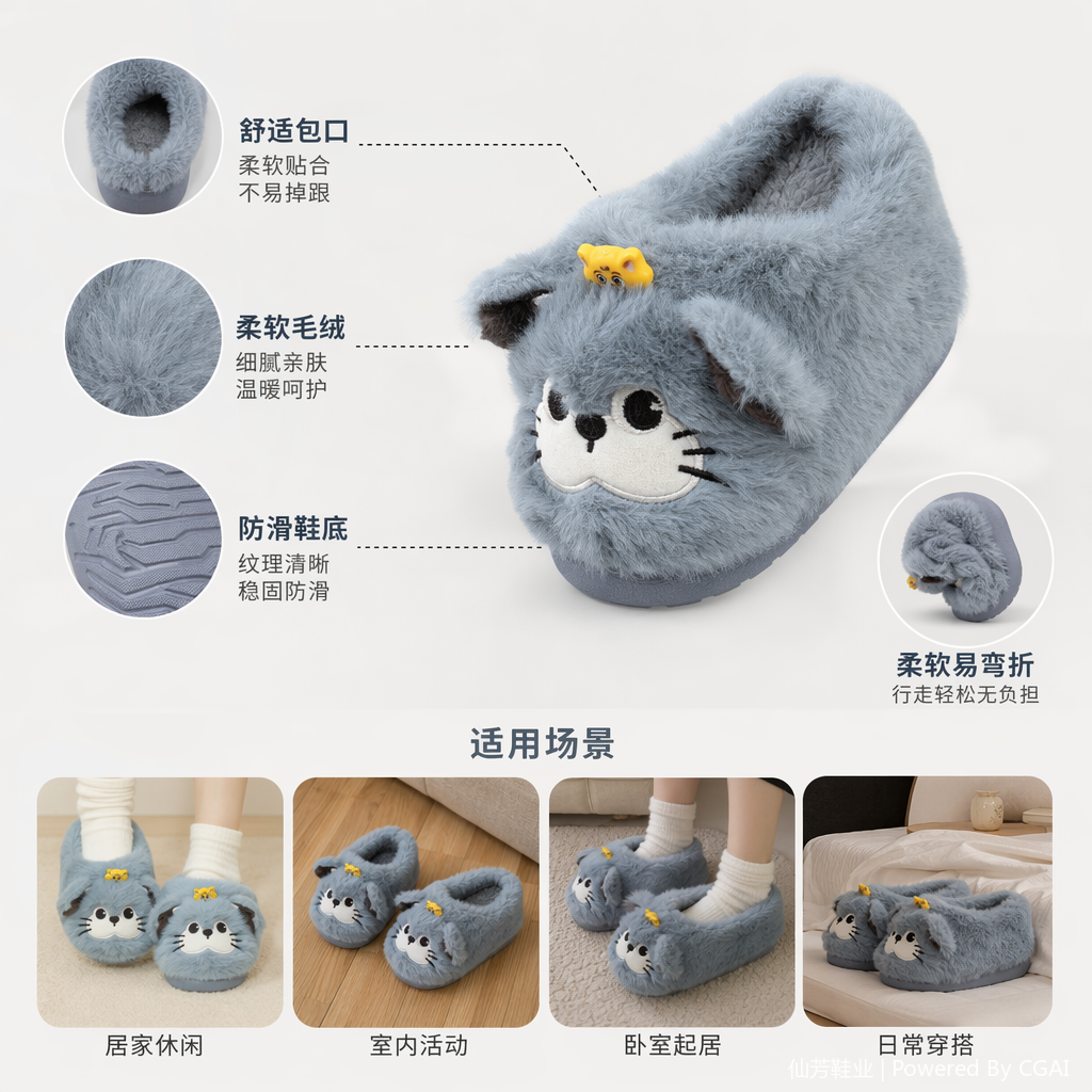 新款卡通毛绒猫脸儿童棉拖鞋秋冬毛毛拖鞋卡通棉拖鞋详情1