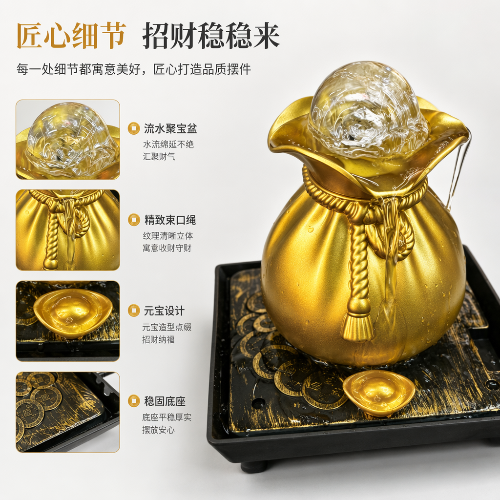 Golden money bag, flowing water brings wealth, crystal ball, living room front desk circulating water, auspicious handicrafts