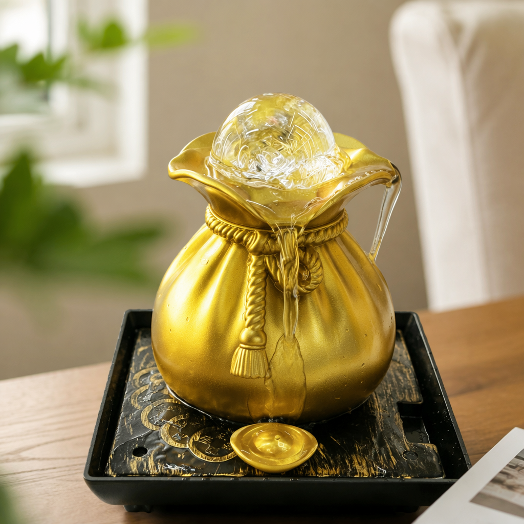 Golden money bag, flowing water brings wealth, crystal ball, living room front desk circulating water, auspicious handicrafts details Picture