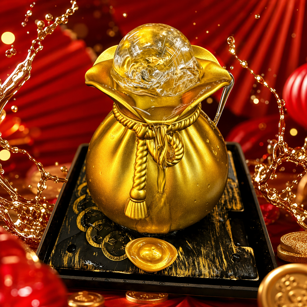 Golden money bag, flowing water brings wealth, crystal ball, living room front desk circulating water, auspicious handicrafts Specification image