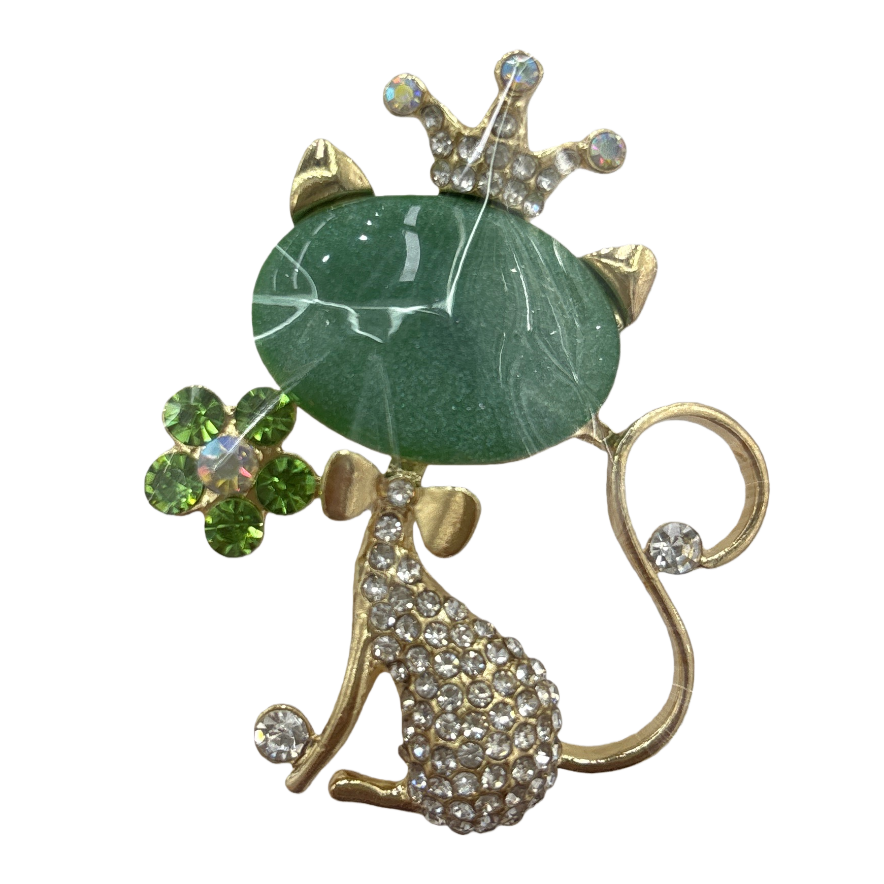 Green cat-shaped brooch, golden diamond-encrusted body, tail, crown with diamonds on the head, holding an emerald bouquet Item Picture