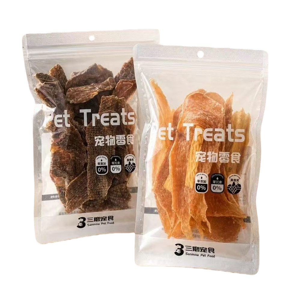 Transparent packaging pet snacks: dark brown raw meat jerky, light brown crispy pure meat jerky Item Picture
