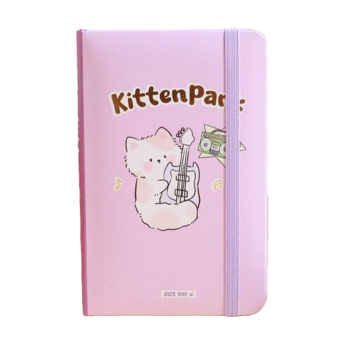 The pink notebook cover features a cat pattern of Kitten Park playing the guitar Item Picture