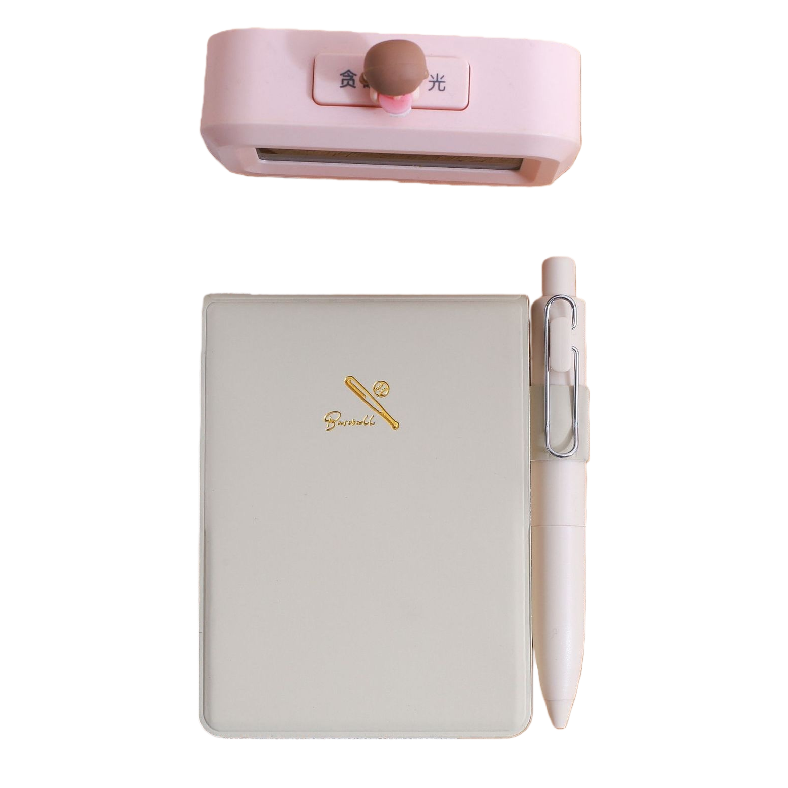 Beige notebook with pen, pink seal, white lace fabric, wooden tray, silver butterfly, white star pendant Item Picture
