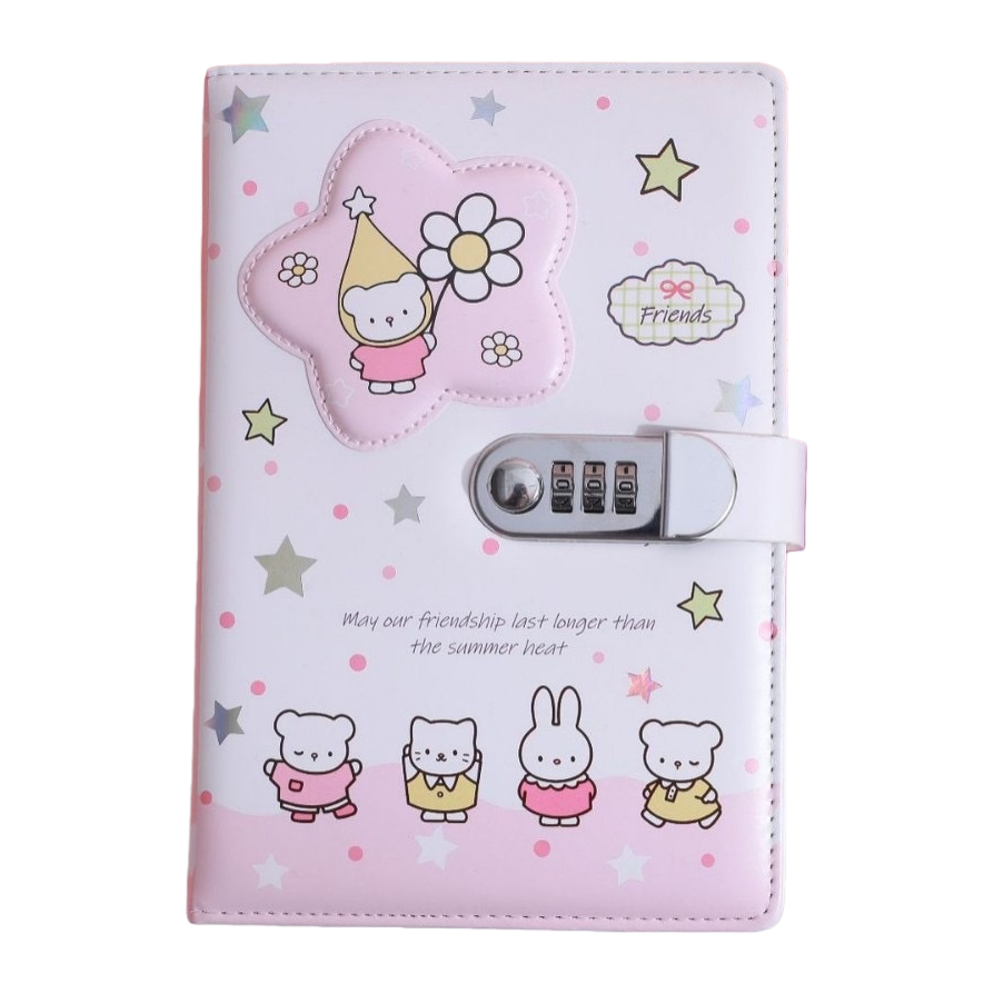 粉色卡通密码本 小熊花朵星星Friends金属密码锁配动物贴纸 Item Picture