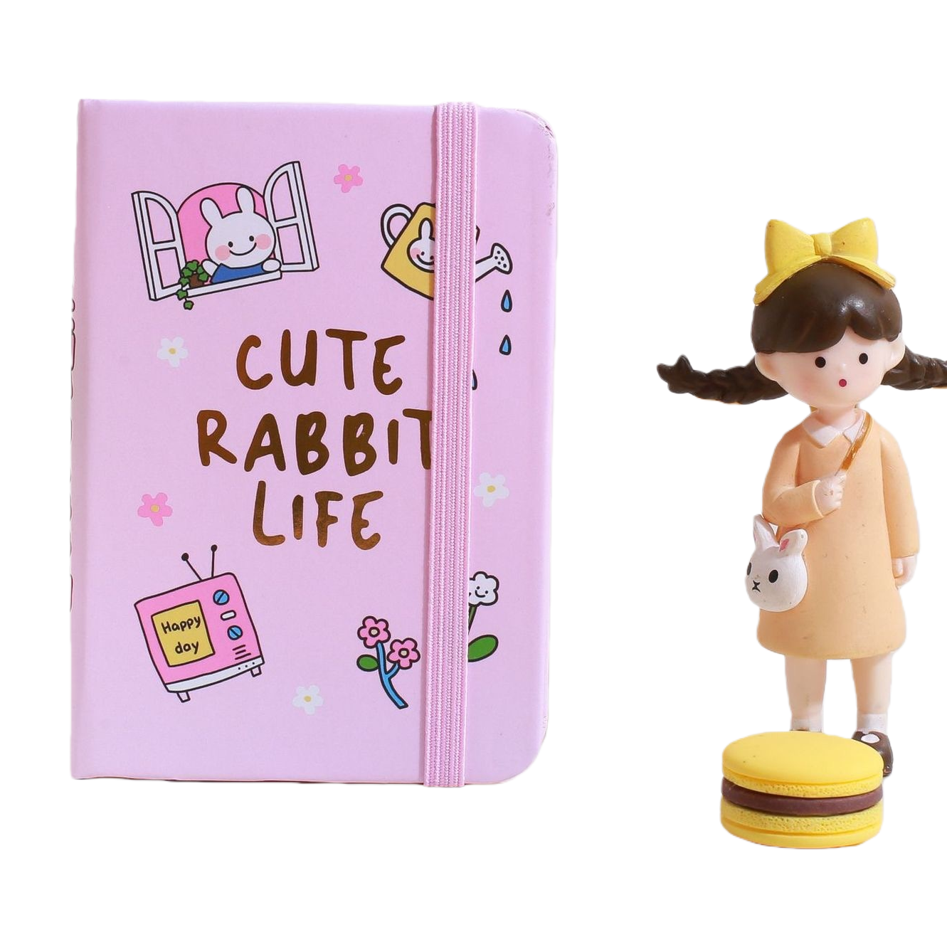 Pink CUTE RABBIT LIFE Cartoon Rabbit TV Flower notebook with pink elastic strap Item Picture