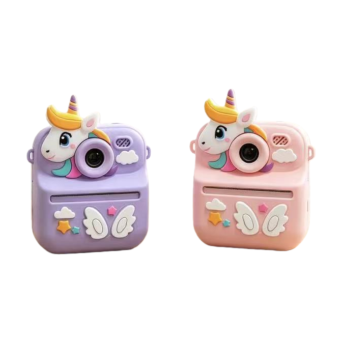 The purple and pink unicorn children's camera can take photos with a flash and is cartoonish and portable Item Picture
