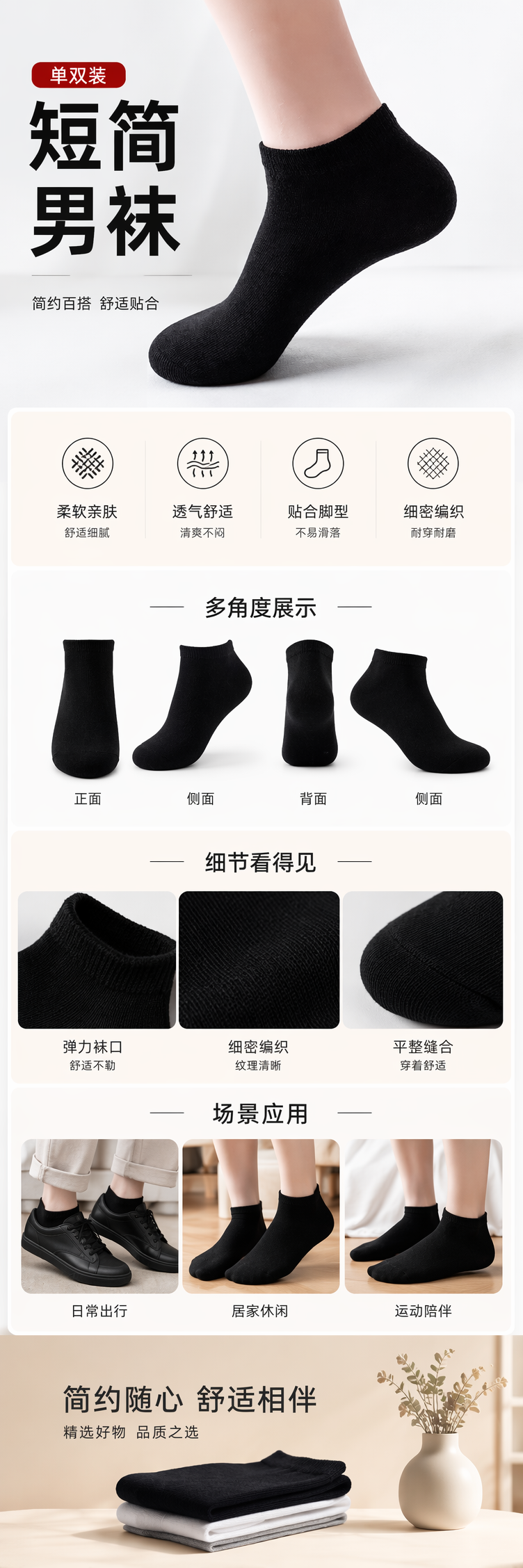黑色短筒男袜纯棉吸汗透气商务休闲运动袜详情1