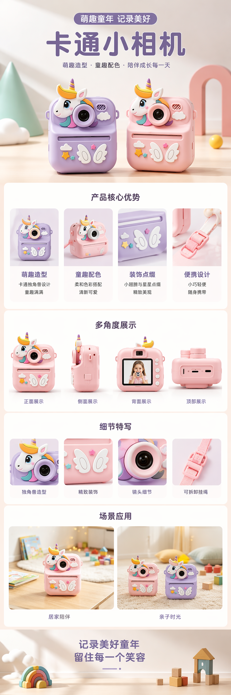 紫色粉色独角兽儿童相机 可拍照带闪光灯卡通便携式 pic 1