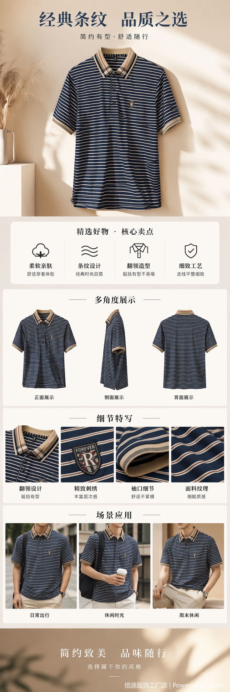 蓝白条纹Polo衫男纯棉短袖休闲上衣详情1