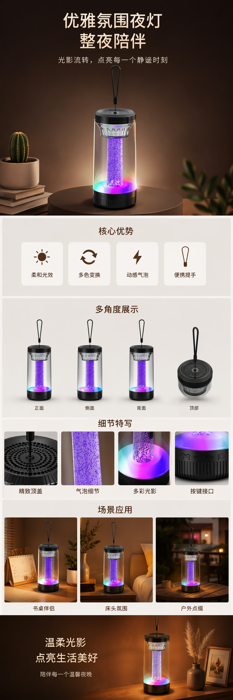 彩色发光夜灯温馨卧室床头小夜灯USB充电可调光详情1