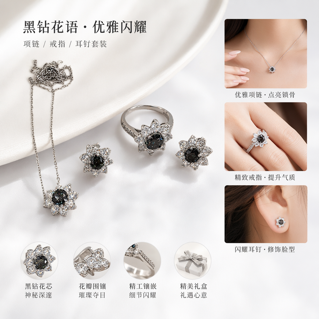 全银花形珠宝套装 项链戒指耳钉三件套图