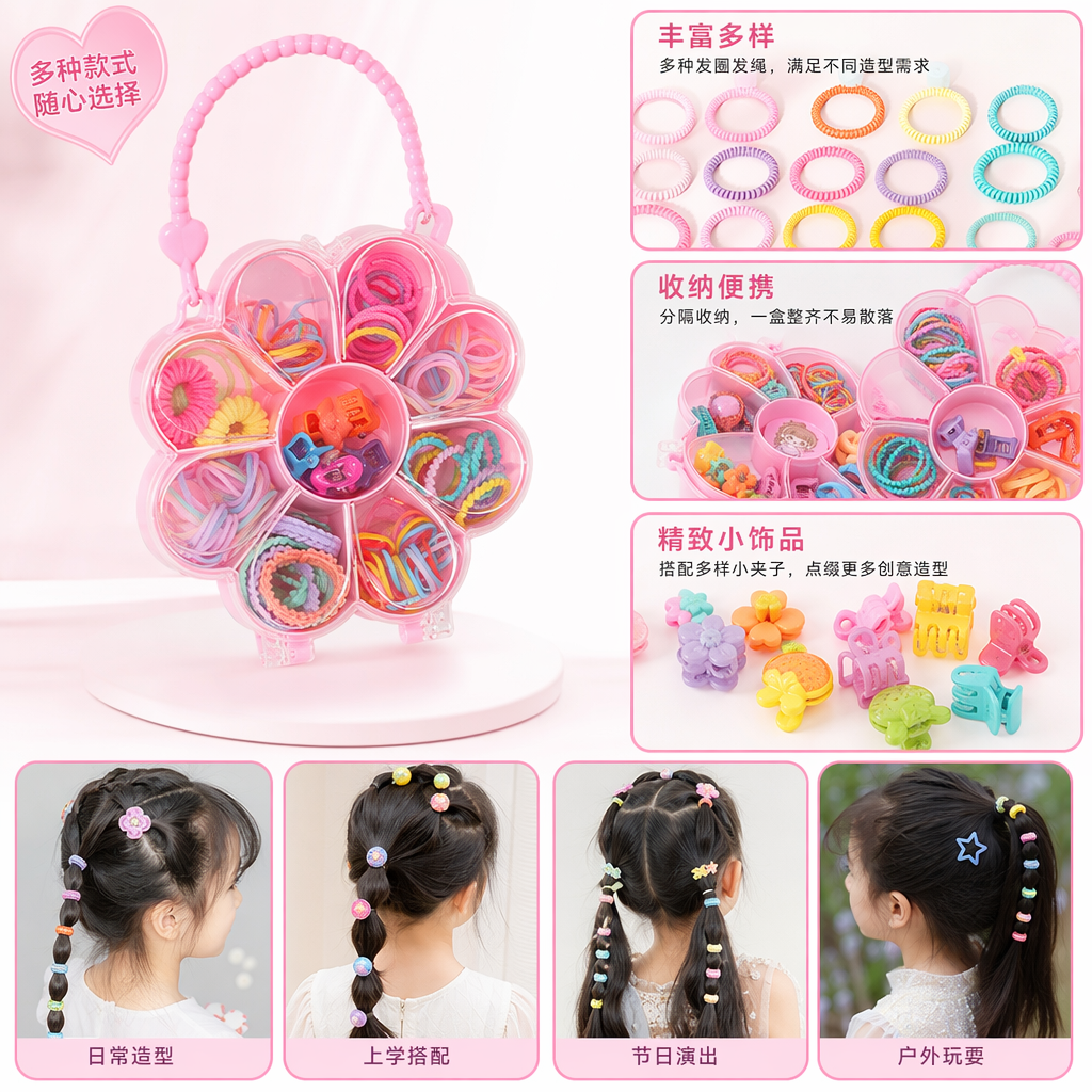 粉色蝴蝶花朵造型发圈收纳盒 可爱少女心桌面整理盒