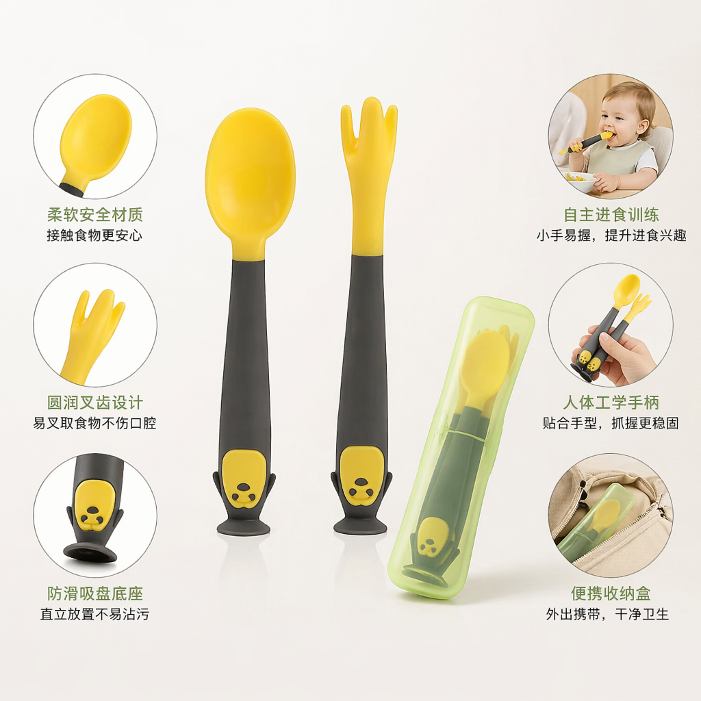 黄色不锈钢勺子和叉子套装 家用简约餐具 6件套