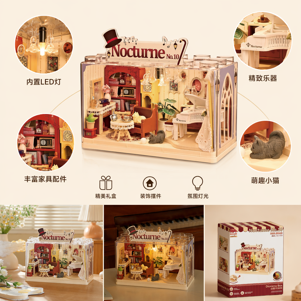 彩色木质小屋套装含钢琴书架沙发台灯等家具装饰