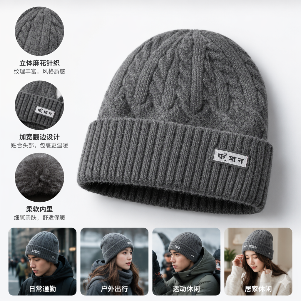 灰色针织帽 保暖毛线帽男女同款秋冬韩版休闲百搭