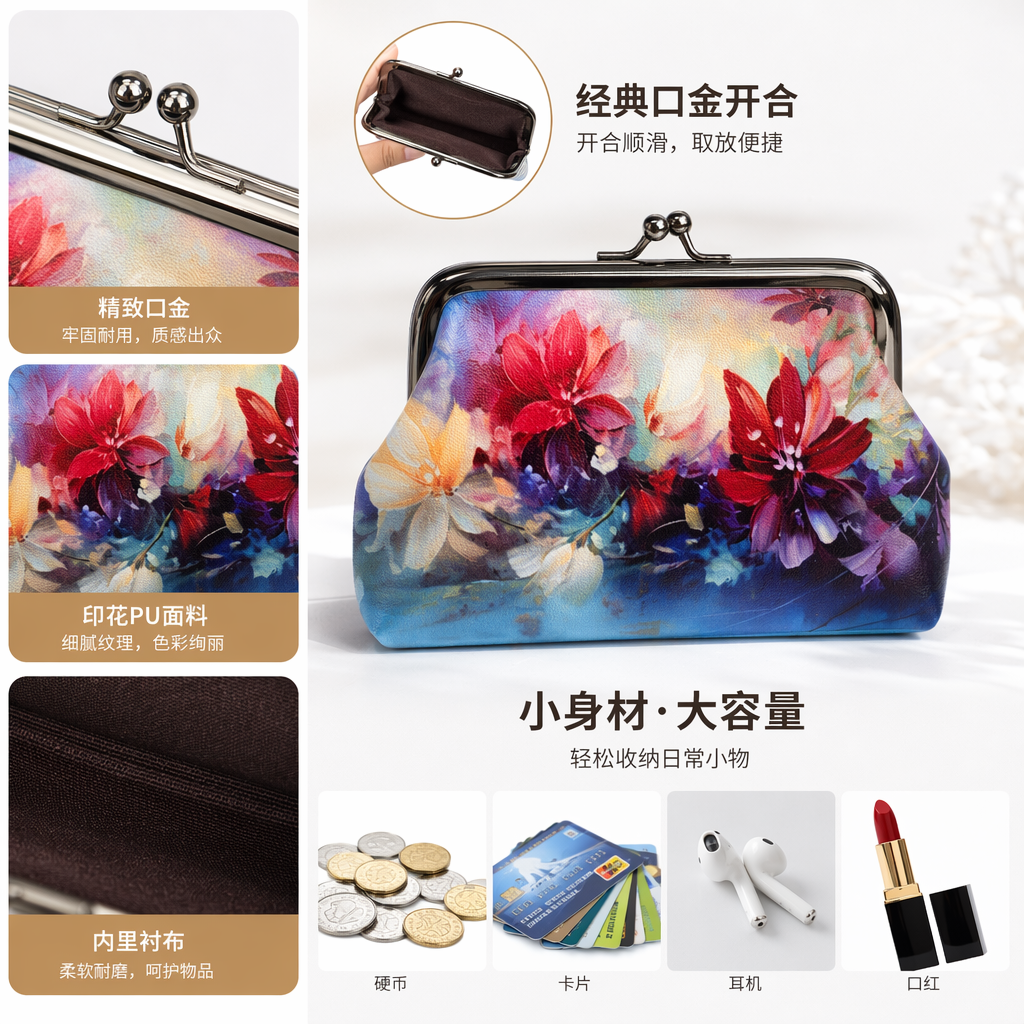 彩色花卉图案零钱包 女士小巧便携式皮质卡包