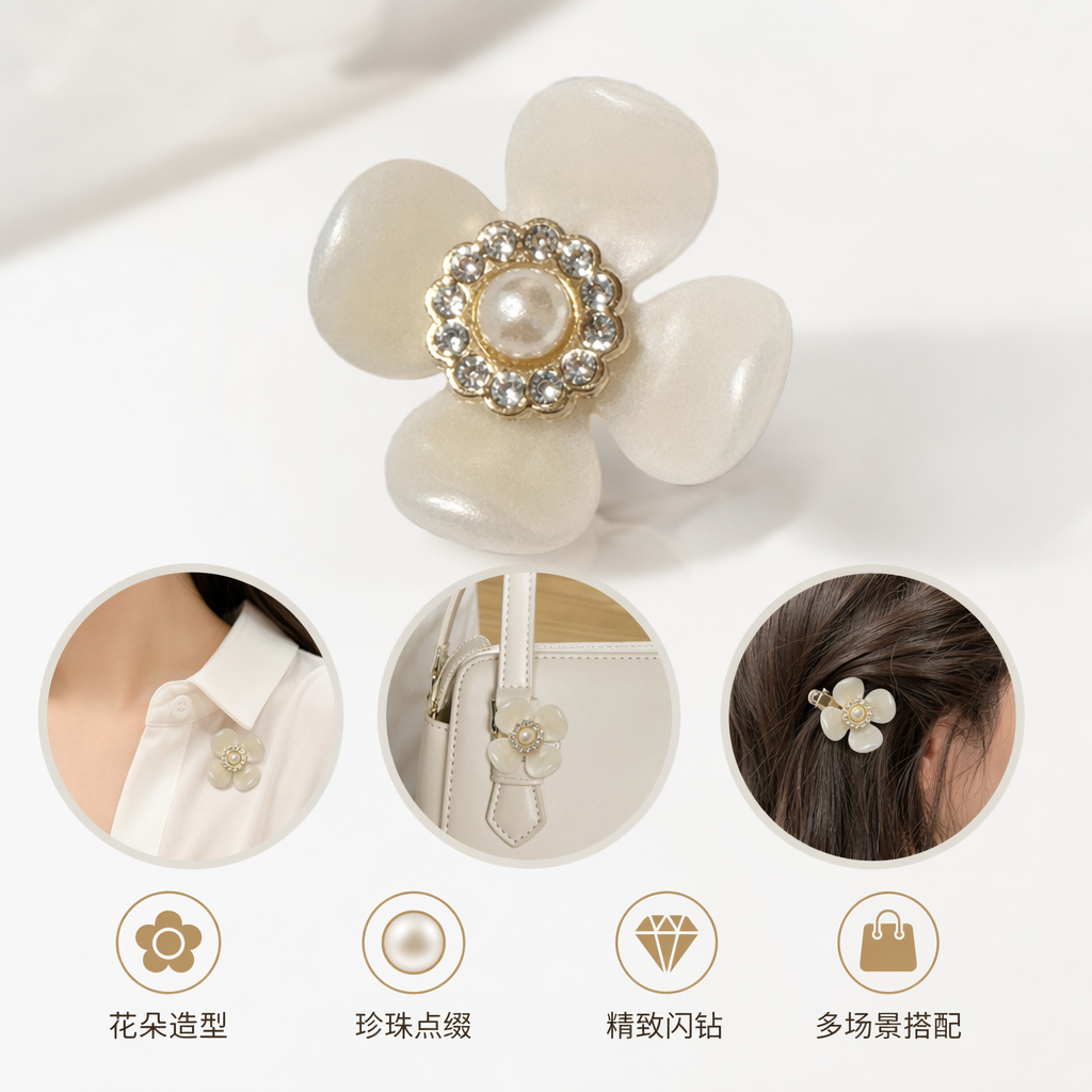 米白色四瓣花形饰品 中心镶珍珠水钻圈 方格纸背景